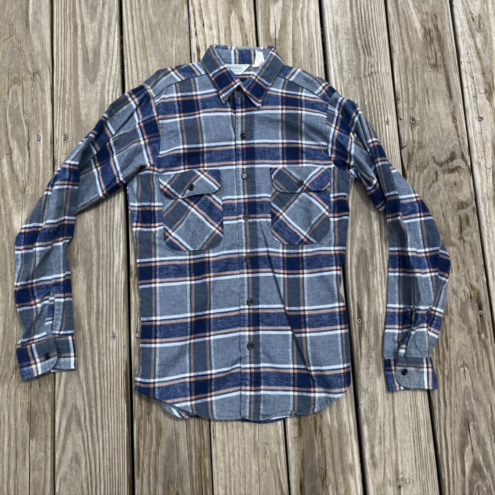 ** Five Brother 70's Vintage Union Made Plaid Flannel Button Down Shirt Blue